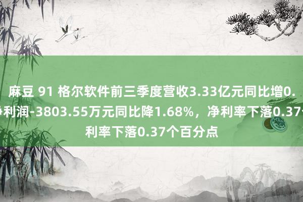 麻豆 91 格尔软件前三季度营收3.33亿元同比增0.40%，净利润-3803.55万元同比降1.68%，净利率下落0.37个百分点